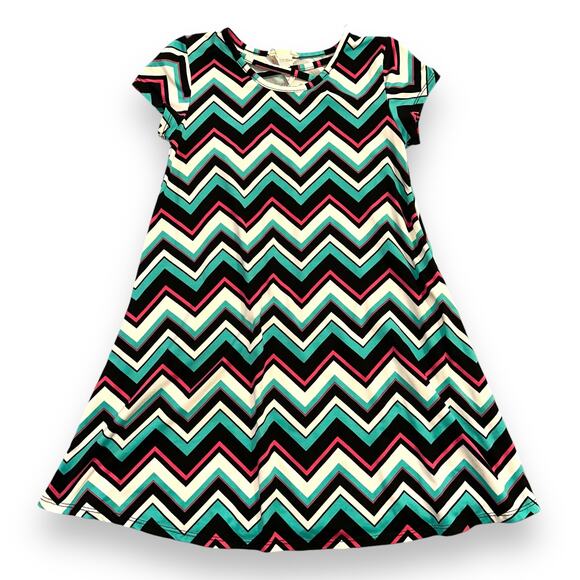 Btween Girls Dress Chevron Print Knee Length Teal Black Pink White Large 10 12 - Picture 1 of 6